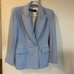Zara Women's Soft Blue Blazer with Silver Buttons